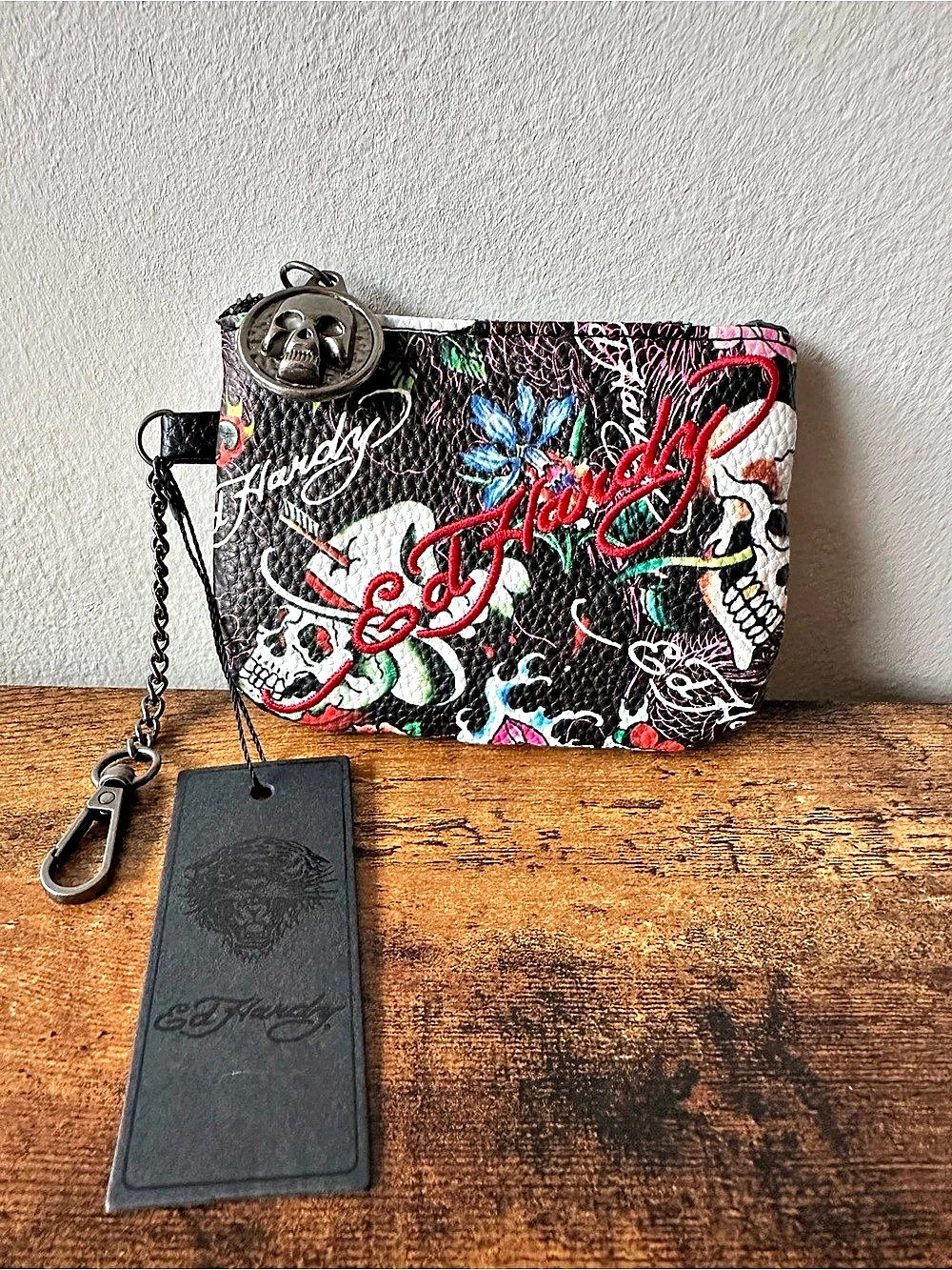 Ed Hardy Skull Tattoo Print Keychain Pouch Multicolor Embroidered Red Logo NWT